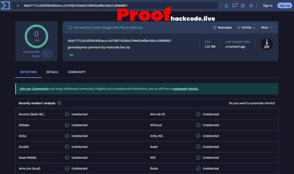 GeneratePress premium VirusTotal Proof hackcode.live